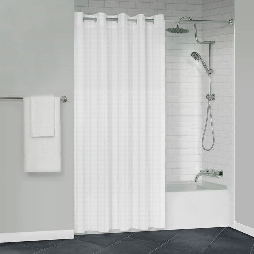 Protect360° Boxed Stripe Shower Curtain, Hook Free, Antimicrobial, Polyester, 71x80, Beige